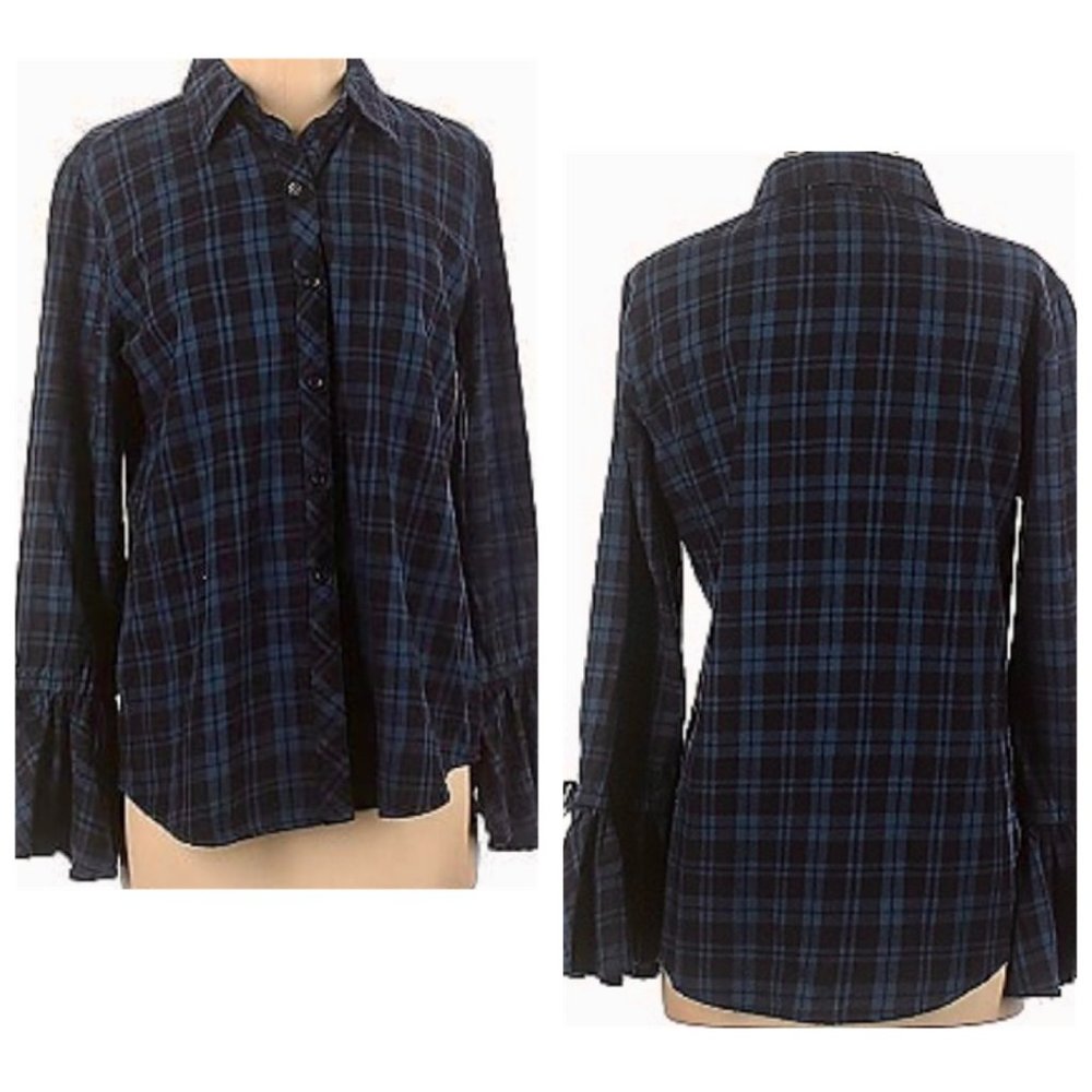 beachlunchlounge Natalia Navy & Black Plaid Button Up Shirt w Bell Cuffs